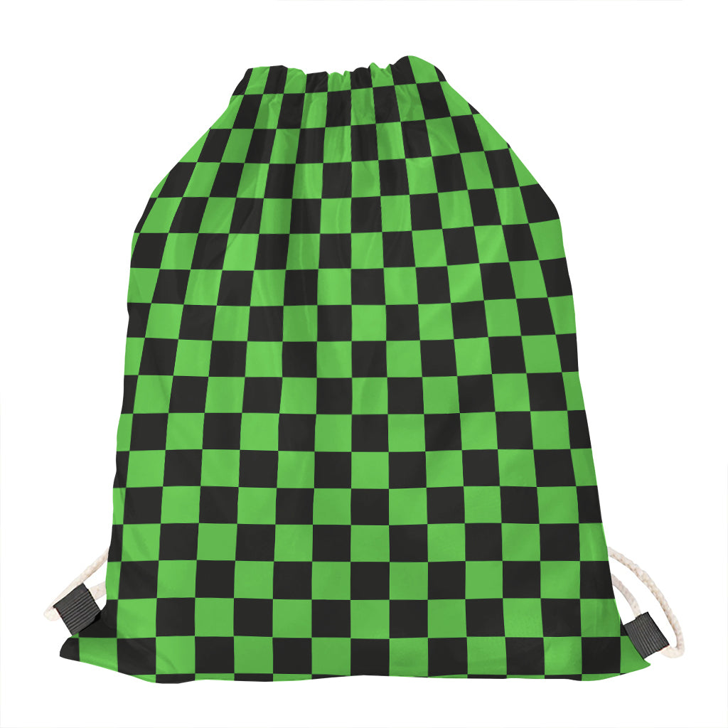 Black And Green Checkered Print Drawstring Bag