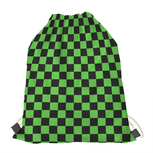 Black And Green Checkered Print Drawstring Bag