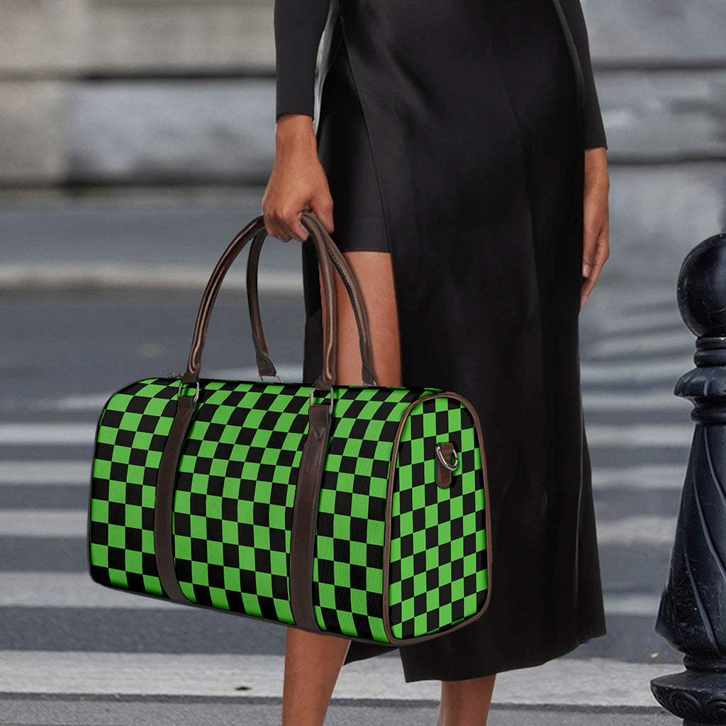 Black And Green Checkered Print Duffle Bag