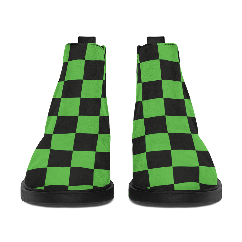 Black And Green Checkered Print Flat Ankle Boots