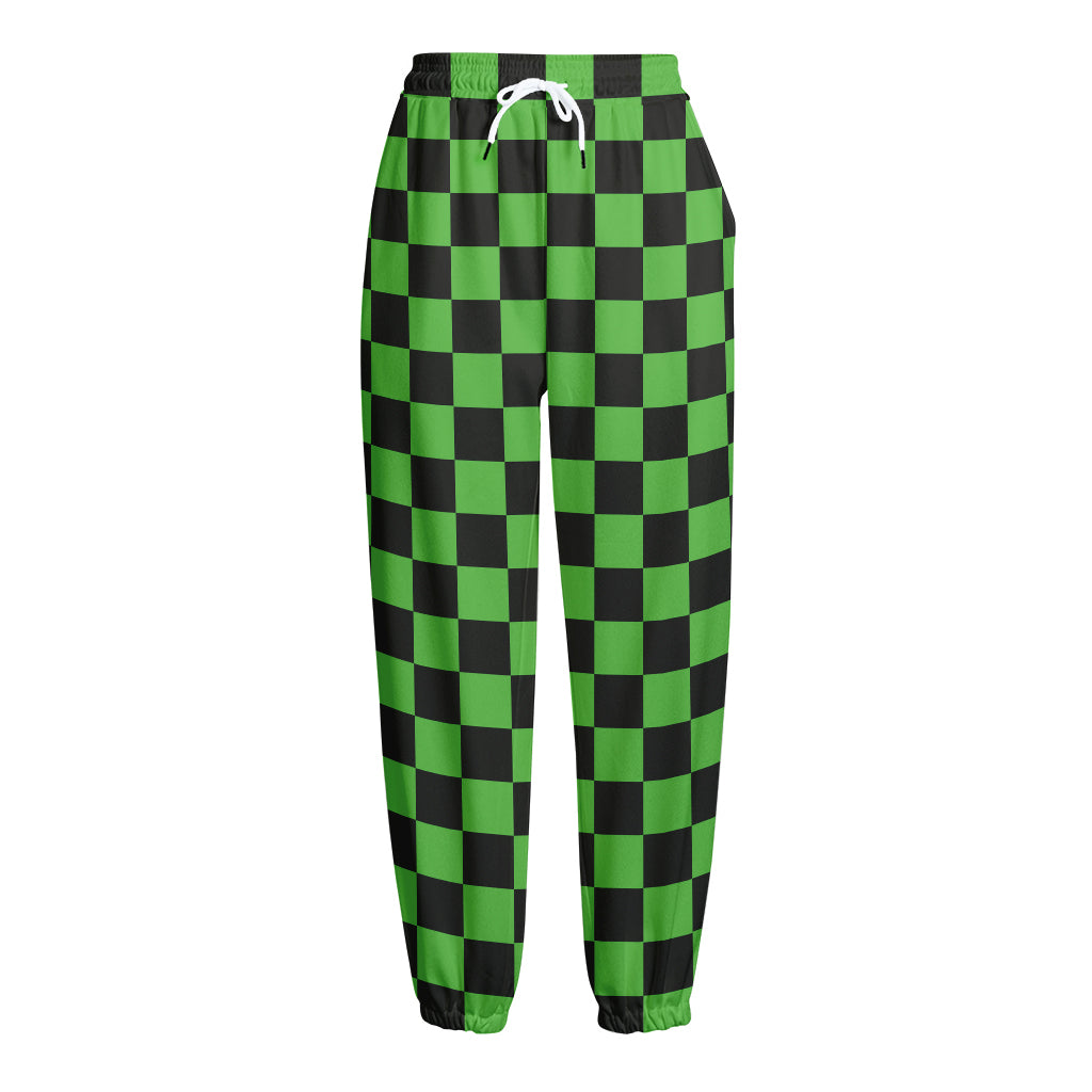 Black And Green Checkered Print Fleece Lined Knit Pants