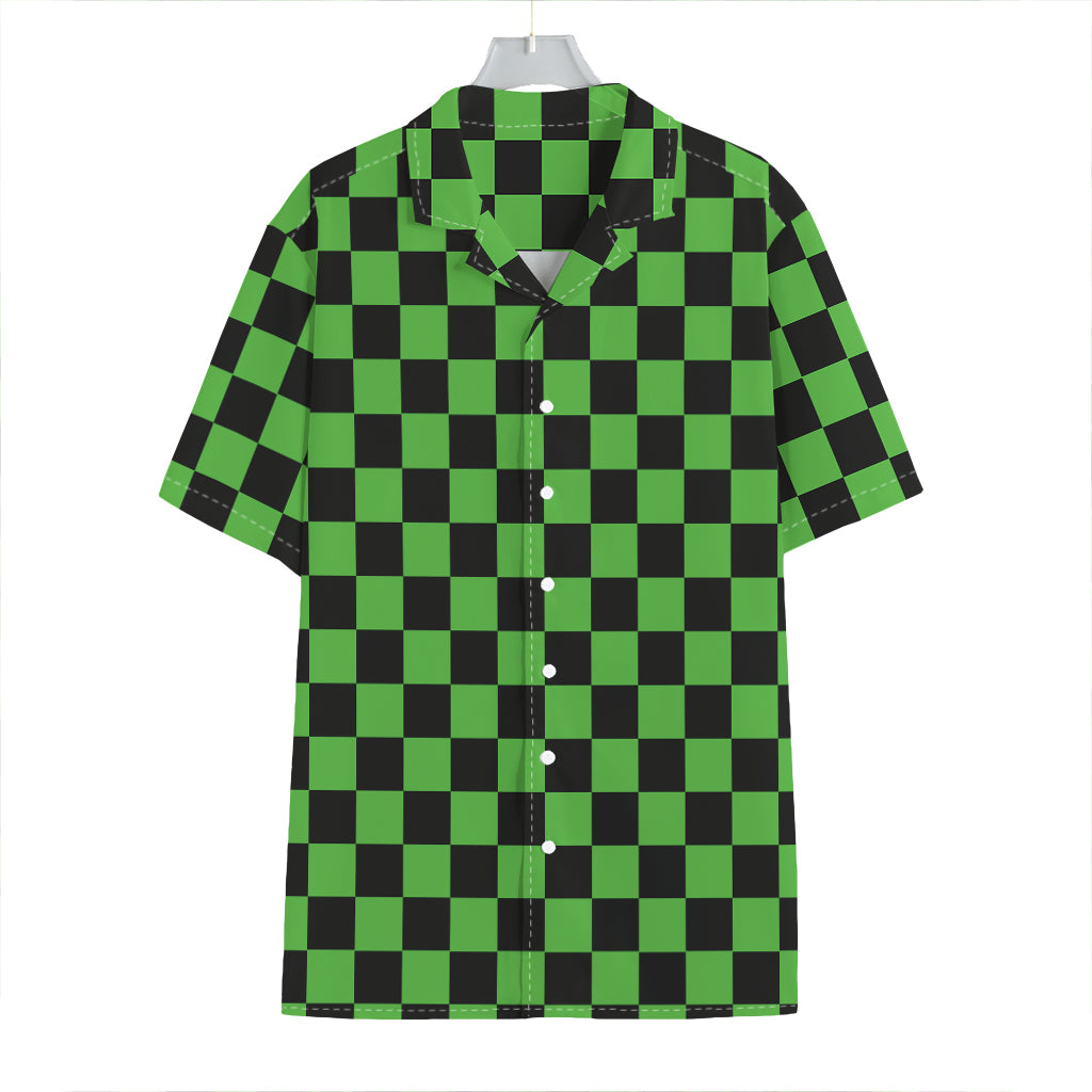Black And Green Checkered Print Hawaiian Shirt