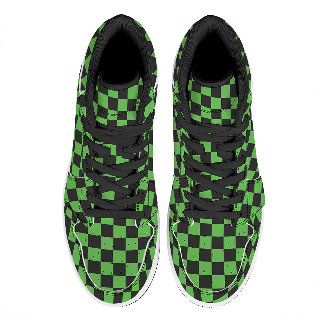 Black And Green Checkered Print High Top Leather Sneakers