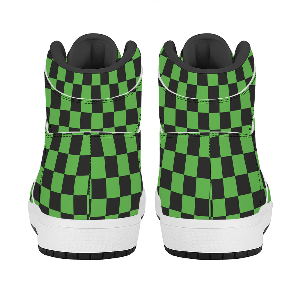 Black And Green Checkered Print High Top Leather Sneakers
