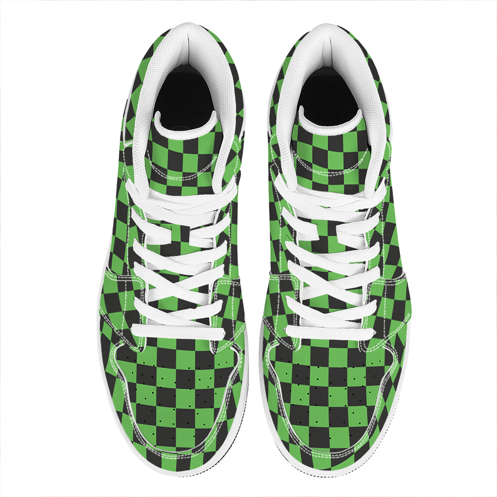 Black And Green Checkered Print High Top Leather Sneakers
