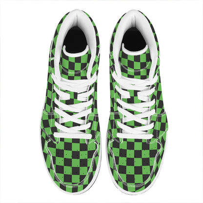 Black And Green Checkered Print High Top Leather Sneakers