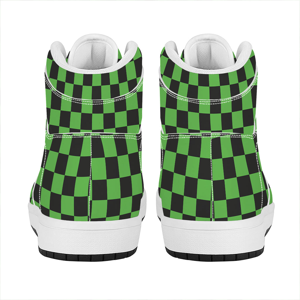 Black And Green Checkered Print High Top Leather Sneakers