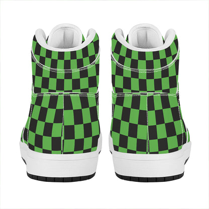 Black And Green Checkered Print High Top Leather Sneakers