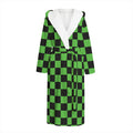 Black And Green Checkered Print Hooded Bathrobe