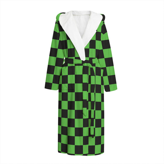 Black And Green Checkered Print Hooded Bathrobe