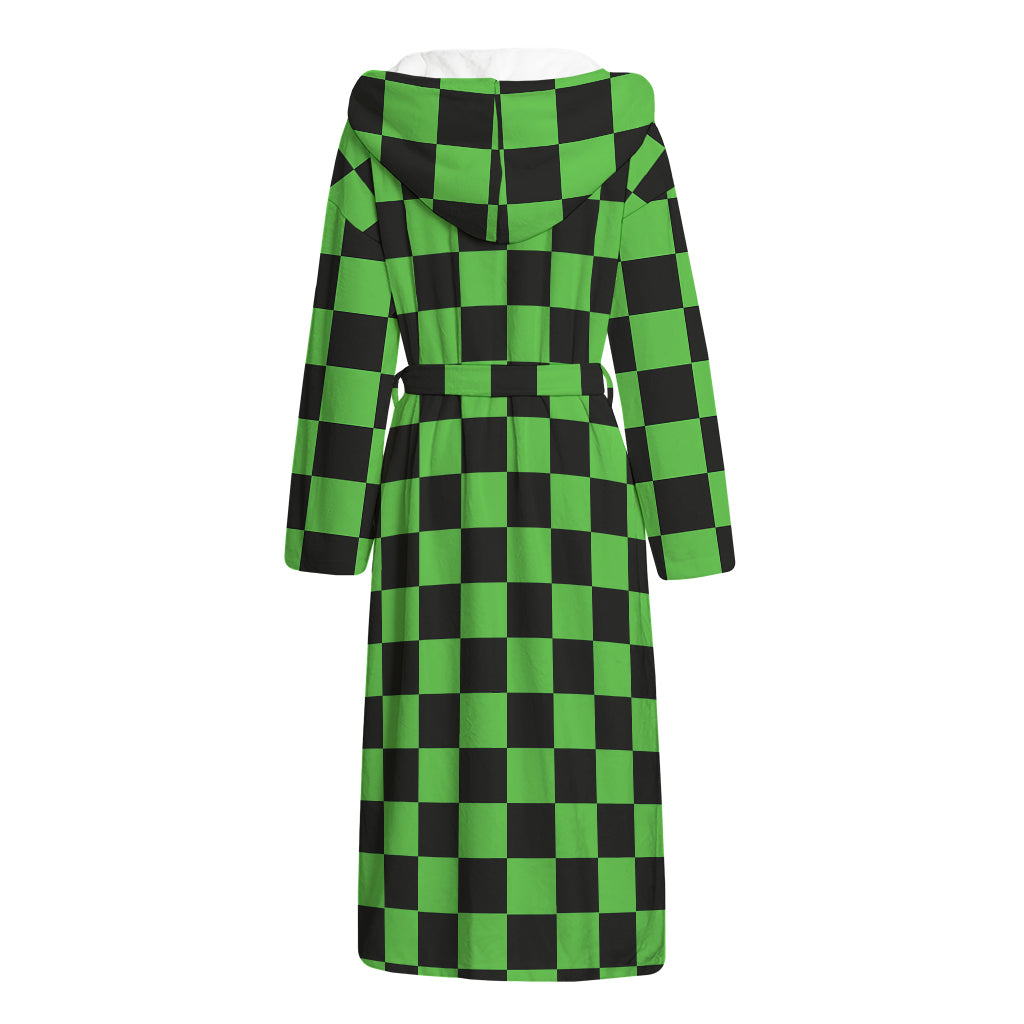 Black And Green Checkered Print Hooded Bathrobe
