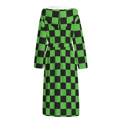 Black And Green Checkered Print Hooded Bathrobe