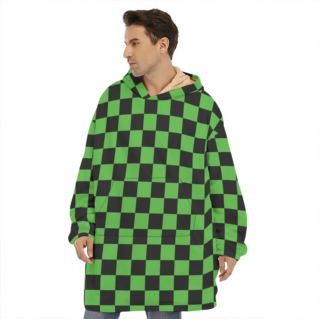 Black And Green Checkered Print Hoodie Blanket