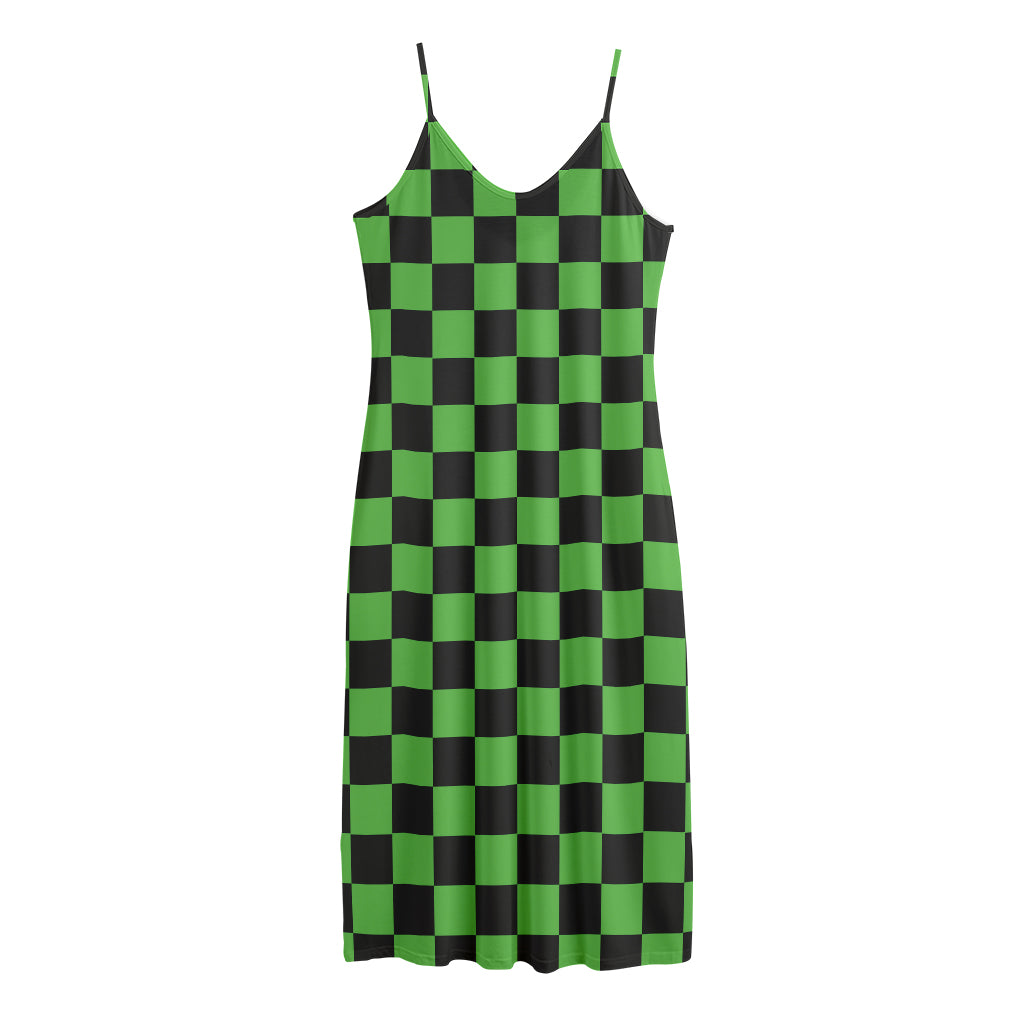 Black And Green Checkered Print Jersey Midi Cami Dress