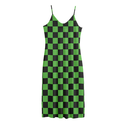 Black And Green Checkered Print Jersey Midi Cami Dress