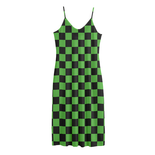 Black And Green Checkered Print Jersey Midi Cami Dress