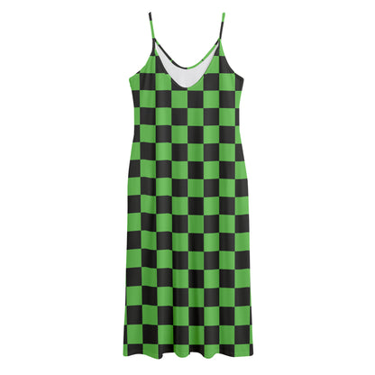 Black And Green Checkered Print Jersey Midi Cami Dress