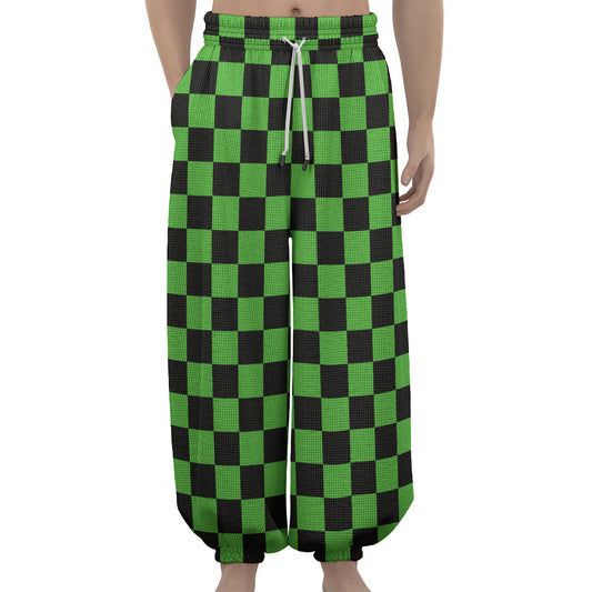 Black And Green Checkered Print Lantern Pants