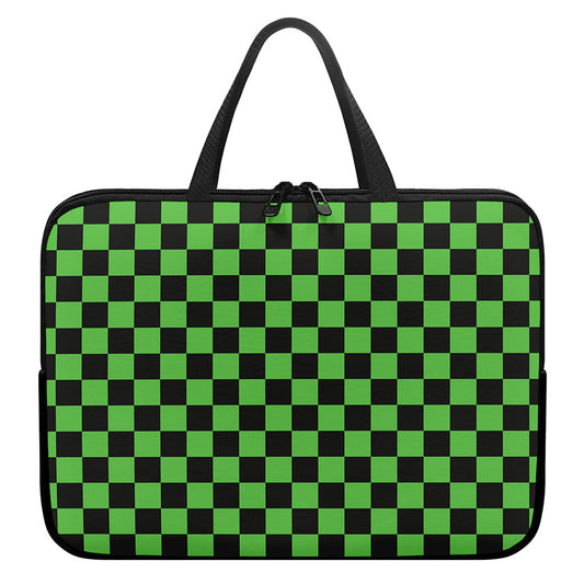 Black And Green Checkered Print Laptop Sleeve With Handle