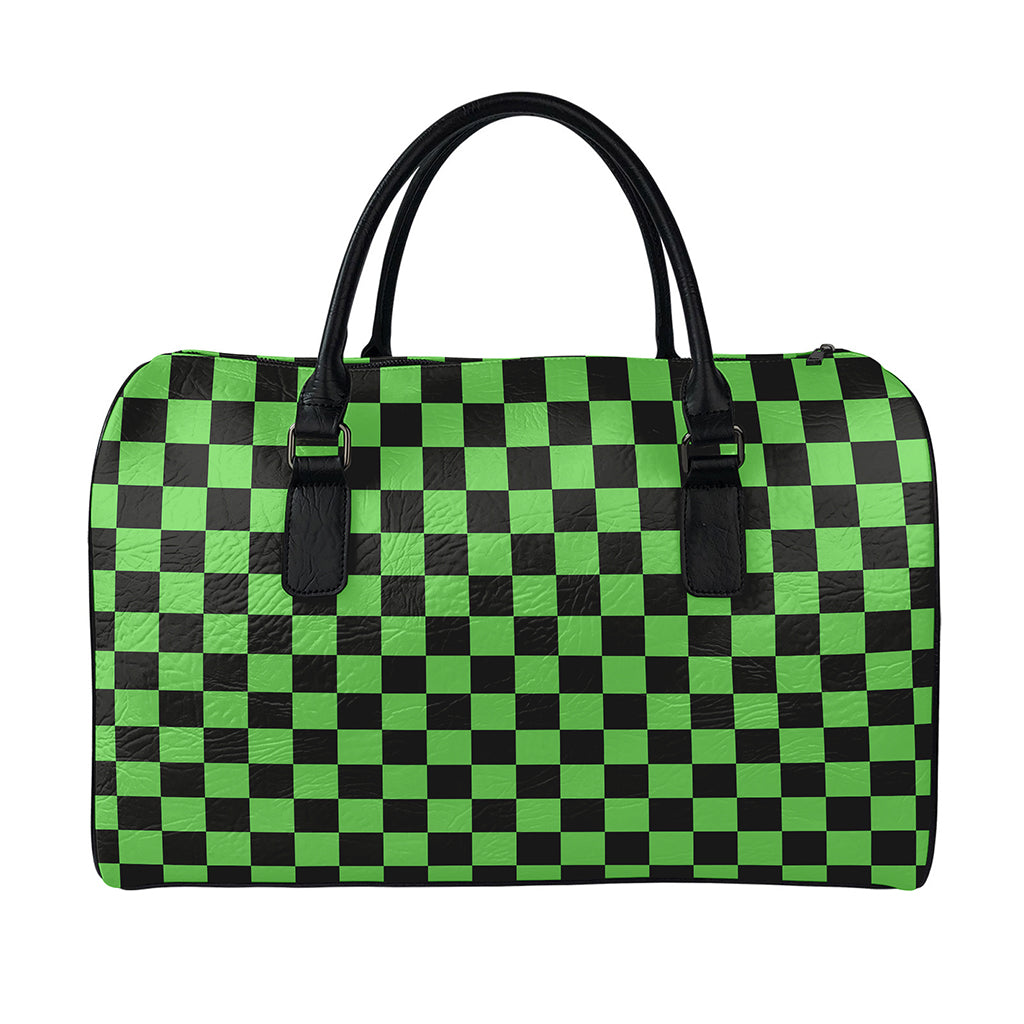 Black And Green Checkered Print Leather Duffle Bag