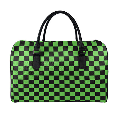 Black And Green Checkered Print Leather Duffle Bag