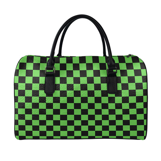 Black And Green Checkered Print Leather Duffle Bag