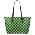 Black And Green Checkered Print Leather Tote Bag With Zipper