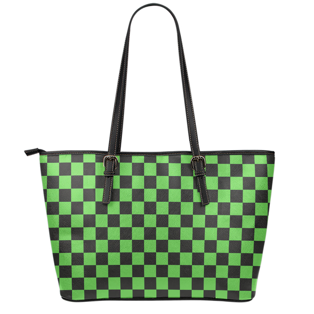 Black And Green Checkered Print Leather Tote Bag