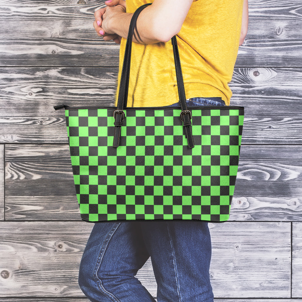 Black And Green Checkered Print Leather Tote Bag