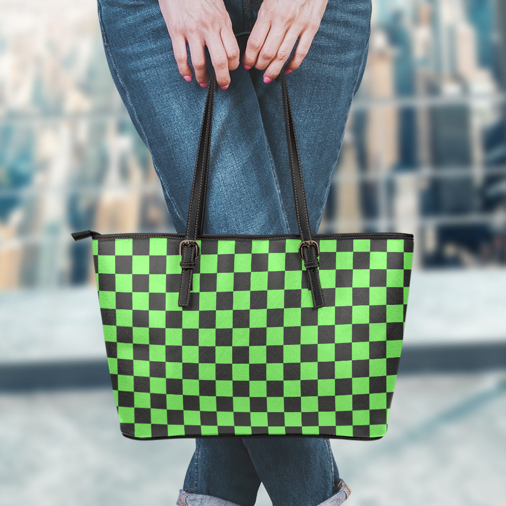 Black And Green Checkered Print Leather Tote Bag