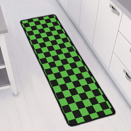 Black And Green Checkered Print Long Kitchen Mat