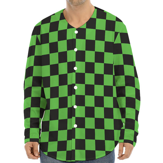 Black And Green Checkered Print Long Sleeve Baseball Jersey