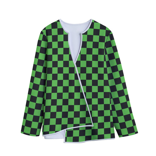 Black And Green Checkered Print Long Sleeve Short Coat