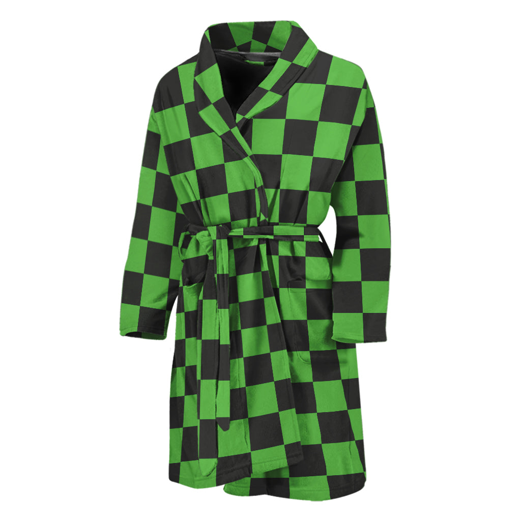 Black And Green Checkered Print Men's Bathrobe