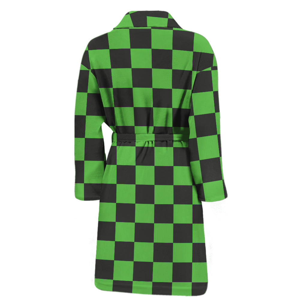 Black And Green Checkered Print Men's Bathrobe