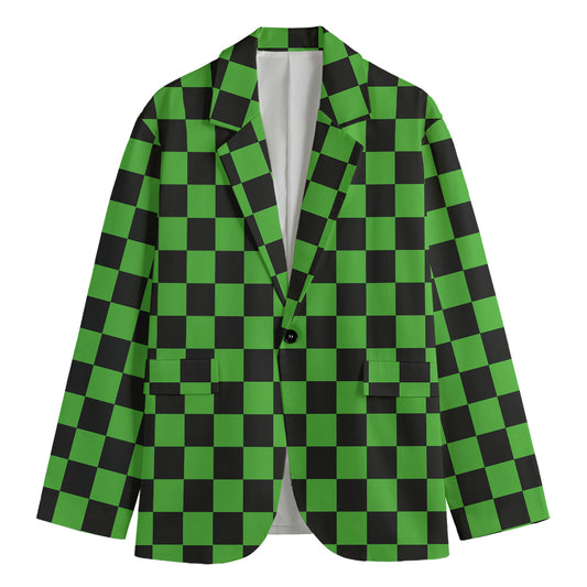 Black And Green Checkered Print Men's Blazer
