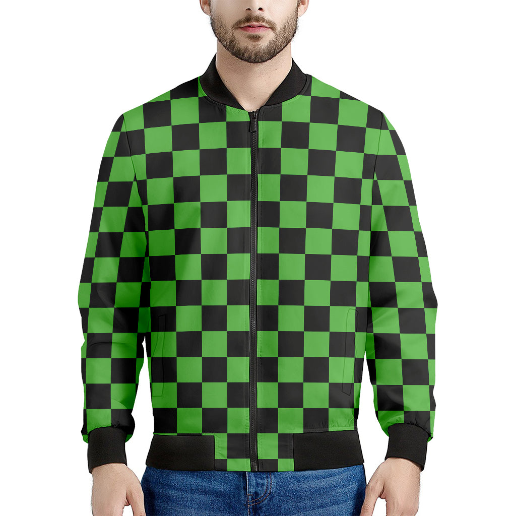 Black And Green Checkered Print Men's Bomber Jacket