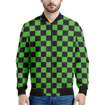 Black And Green Checkered Print Men's Bomber Jacket