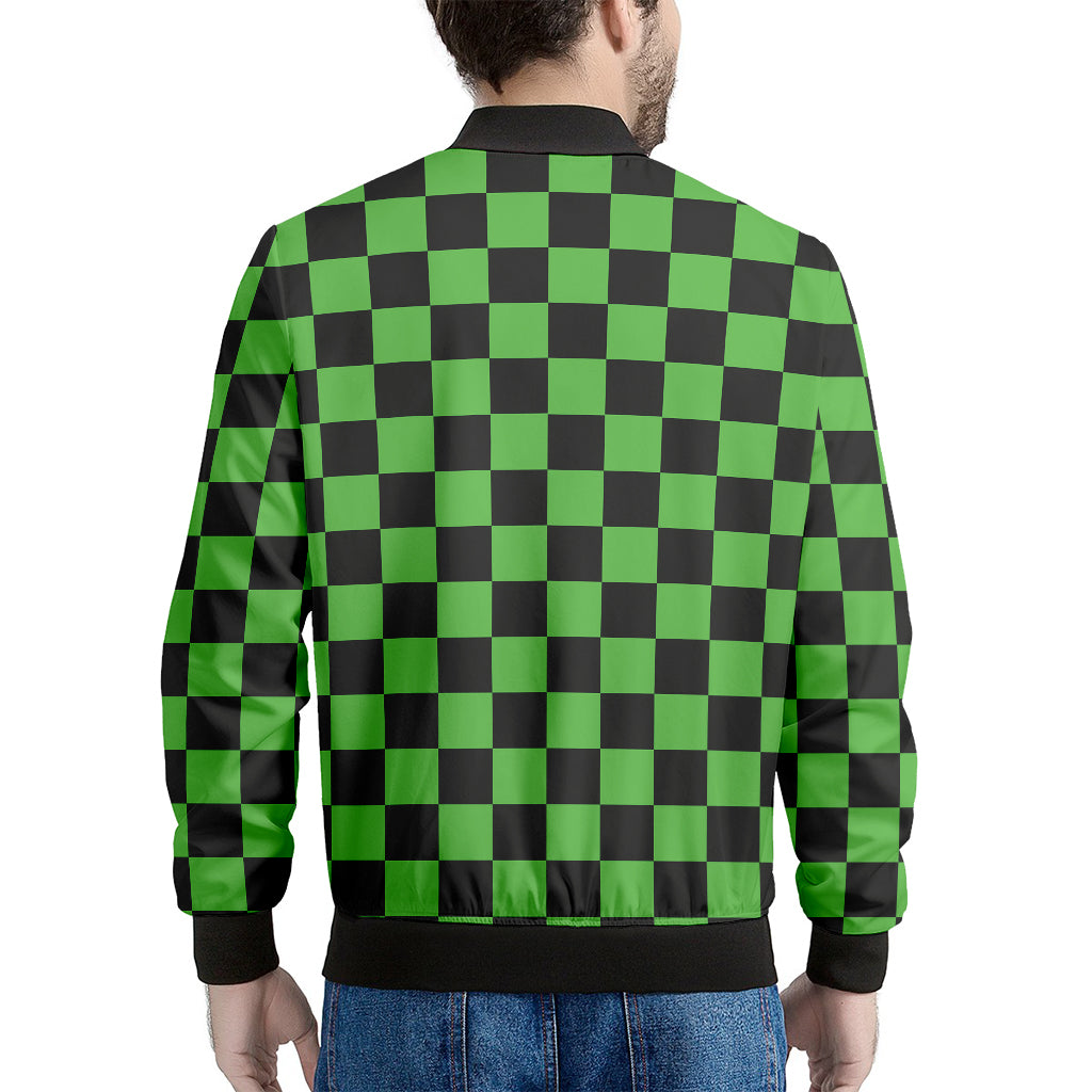 Black And Green Checkered Print Men's Bomber Jacket
