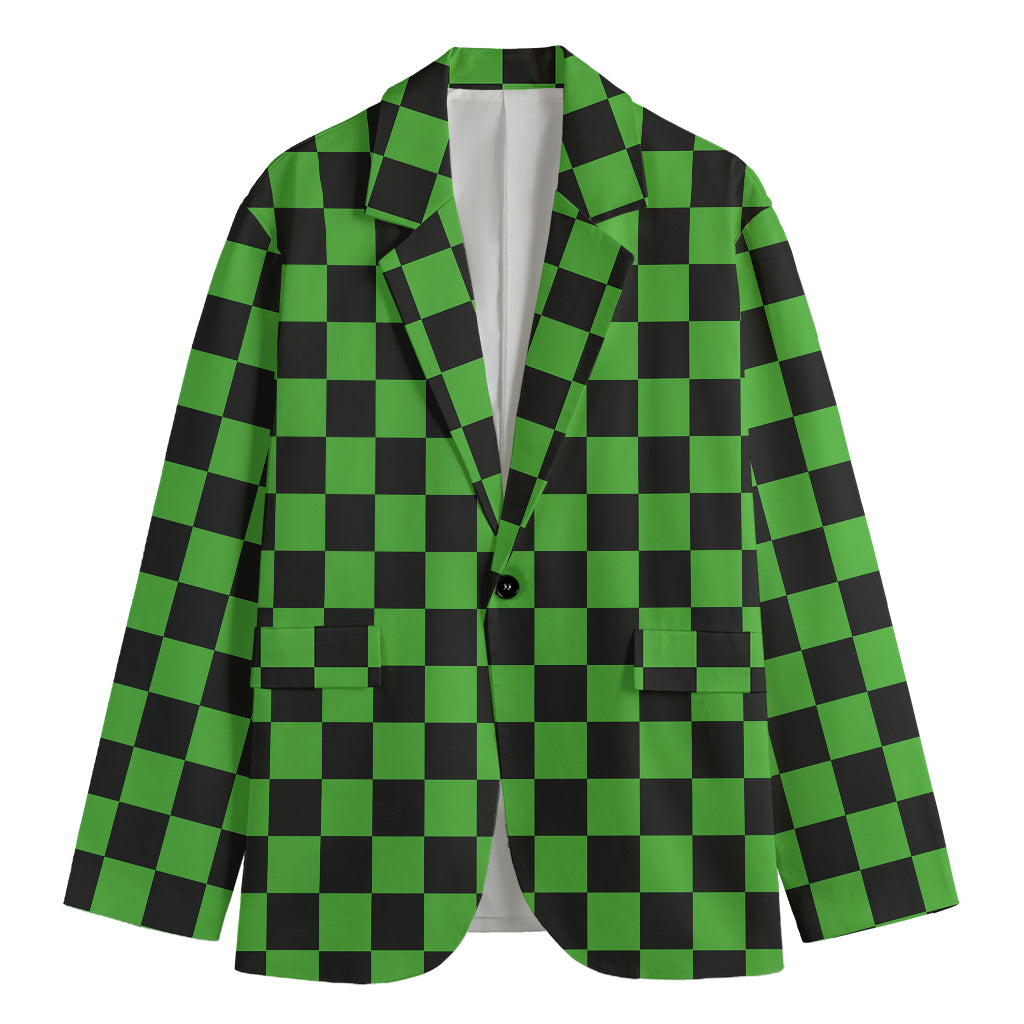Black And Green Checkered Print Men's Cotton Blazer