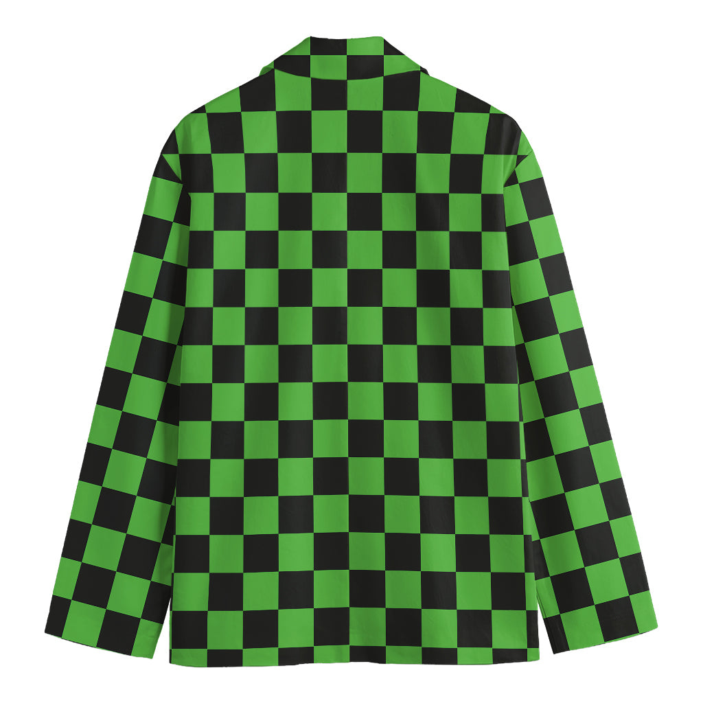Black And Green Checkered Print Men's Cotton Blazer