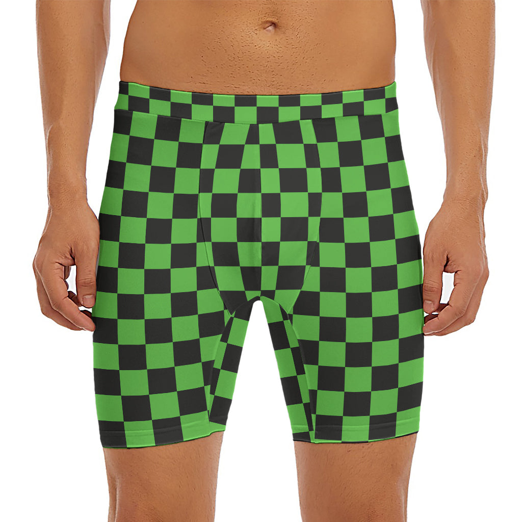 Black And Green Checkered Print Men's Long Boxer Briefs