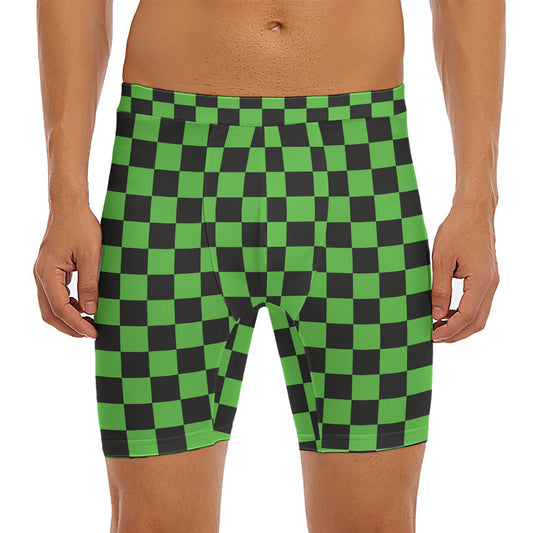 Black And Green Checkered Print Men's Long Boxer Briefs