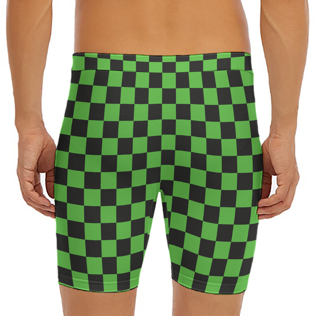 Black And Green Checkered Print Men's Long Boxer Briefs