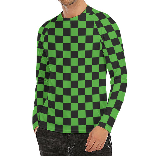 Black And Green Checkered Print Men's Long Sleeve Rash Guard