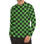 Black And Green Checkered Print Men's Long Sleeve Rash Guard