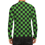Black And Green Checkered Print Men's Long Sleeve Rash Guard