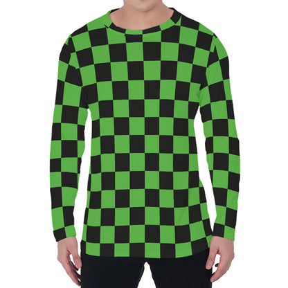 Black And Green Checkered Print Men's Long Sleeve T-Shirt