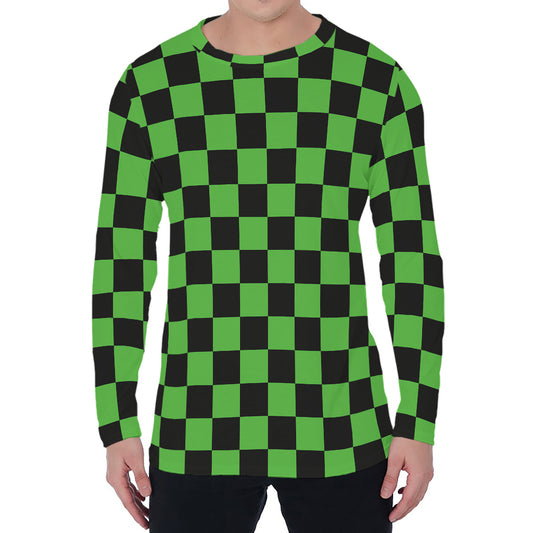 Black And Green Checkered Print Men's Long Sleeve T-Shirt