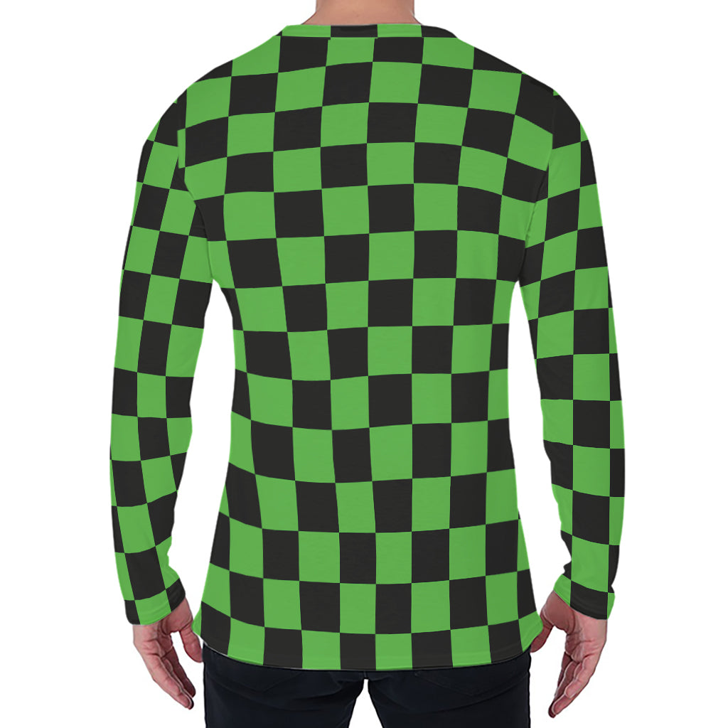 Black And Green Checkered Print Men's Long Sleeve T-Shirt